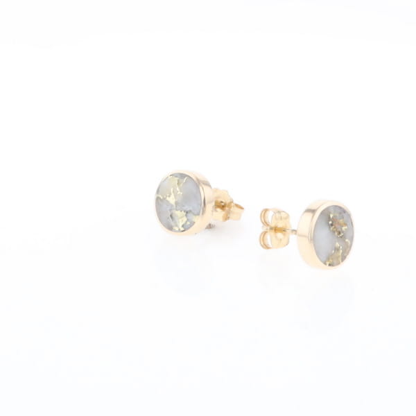 Gold Quartz Earrings 9mm Round Inlaid Studs - G2