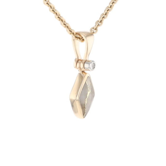 Gold Quartz Necklace Diamond Shape Inlaid Pendant with .02ct Diamond
