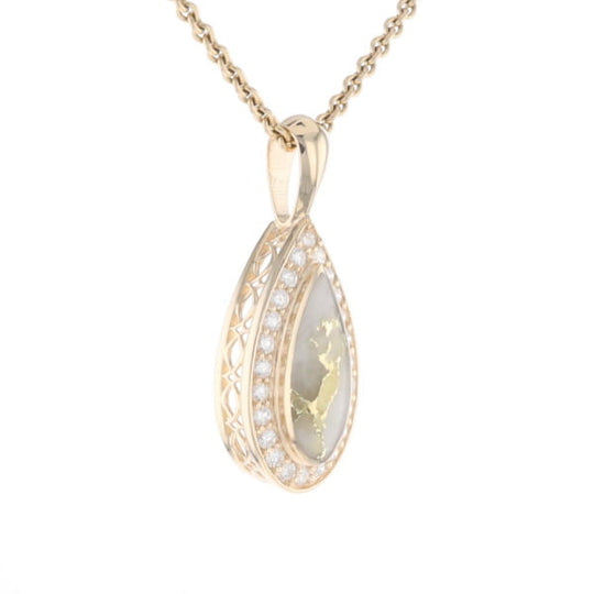 Gold Quartz Pendant Tear Drop Inlaid .42ctw Diamond Halo Design