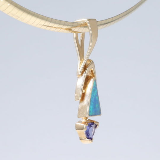 Opal Pendant Triangle Inlaid Design with Trillion Cut Tanzanite