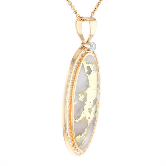 Gold Quartz Necklace 0.96ctw Halo Diamond Oval Inlaid Pendant