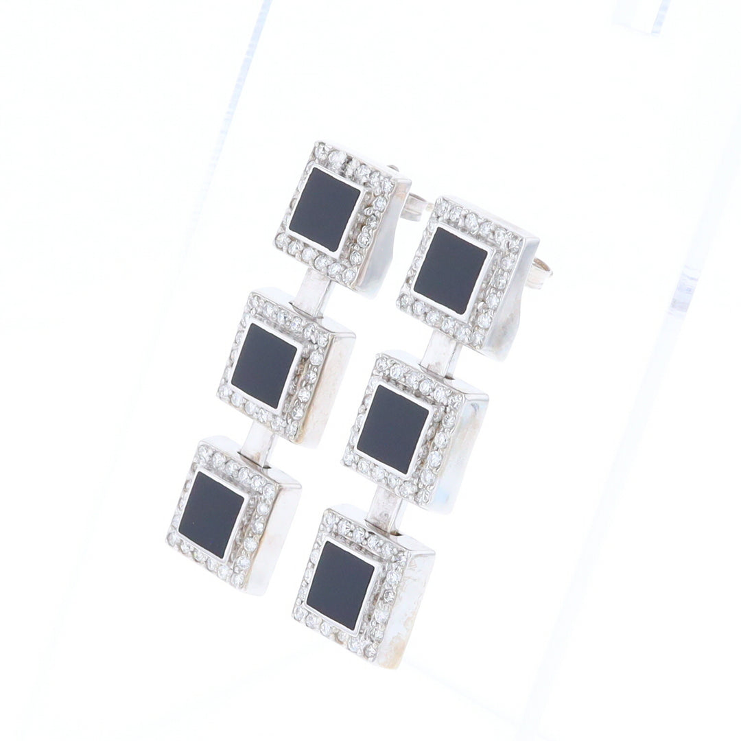 Onyx Square 3 Section Inlaid .84Ctw Diamond Earrings