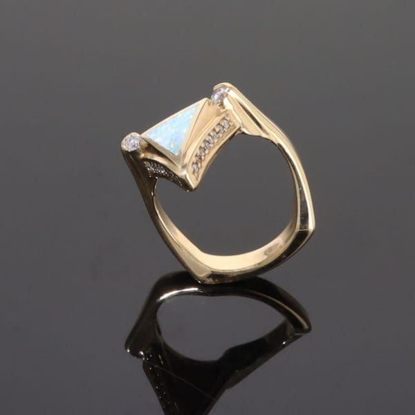 Opal Rings Triangle Inlaid Design with .31ctw Round Diamonds