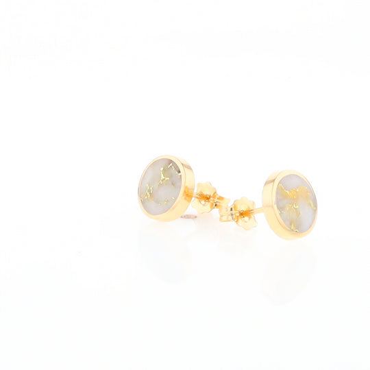 Gold Quartz Earrings 9mm Round Inlaid Studs - G2