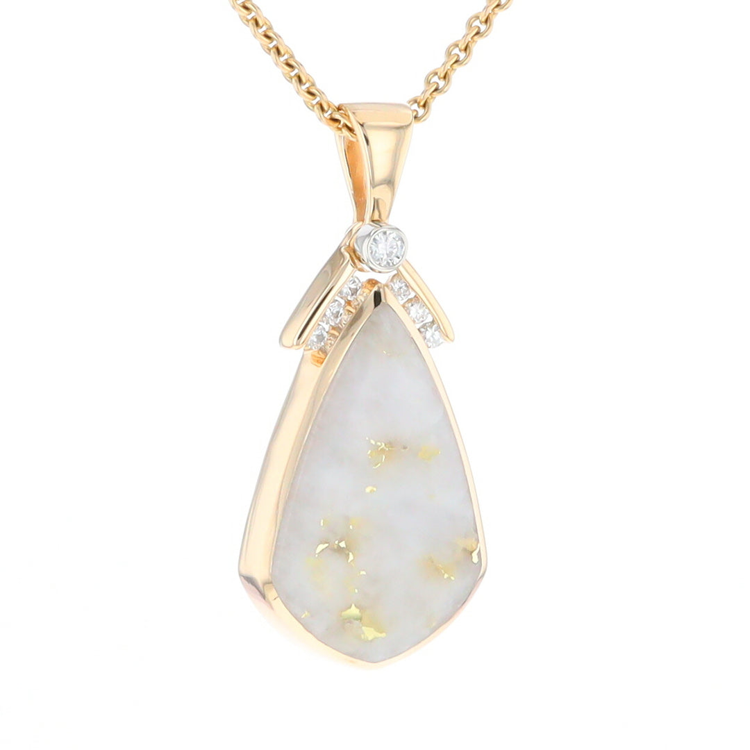 Gold Quartz Necklace Pear Shape Inlaid Pendant with .15ctw Diamonds