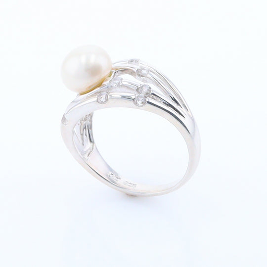 Pearl Bamboo Ring with Cubic Zirconia Accents