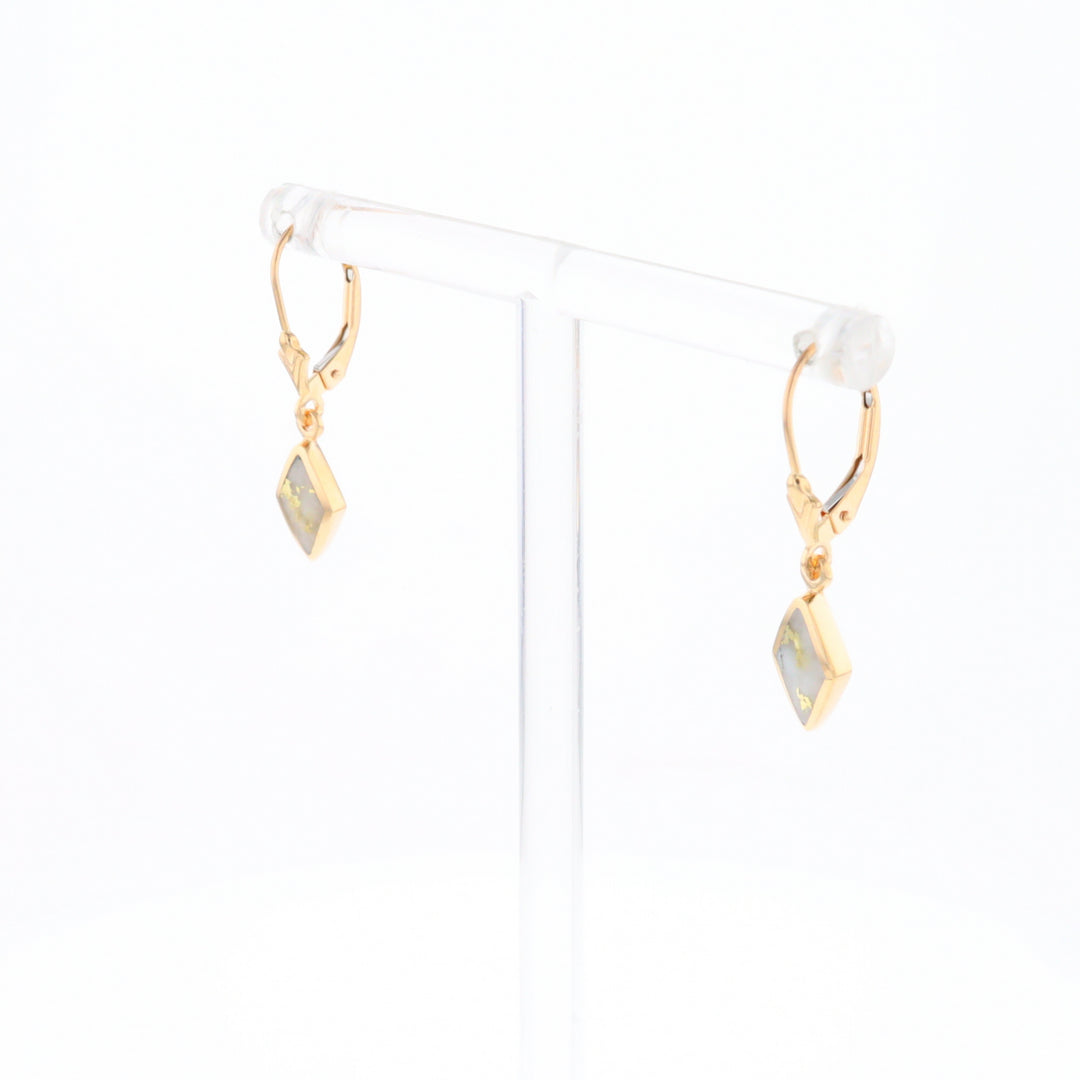 Gold Quartz Earrings Diamond Shape Inlaid Lever Backs G1