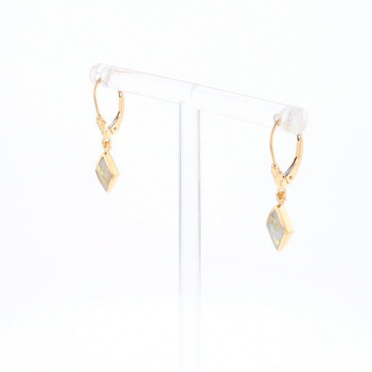 Gold Quartz Earrings Diamond Shape Inlaid Lever Backs G1