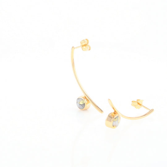 Gold Quartz Earrings Round Inlaid Curved Bar Design