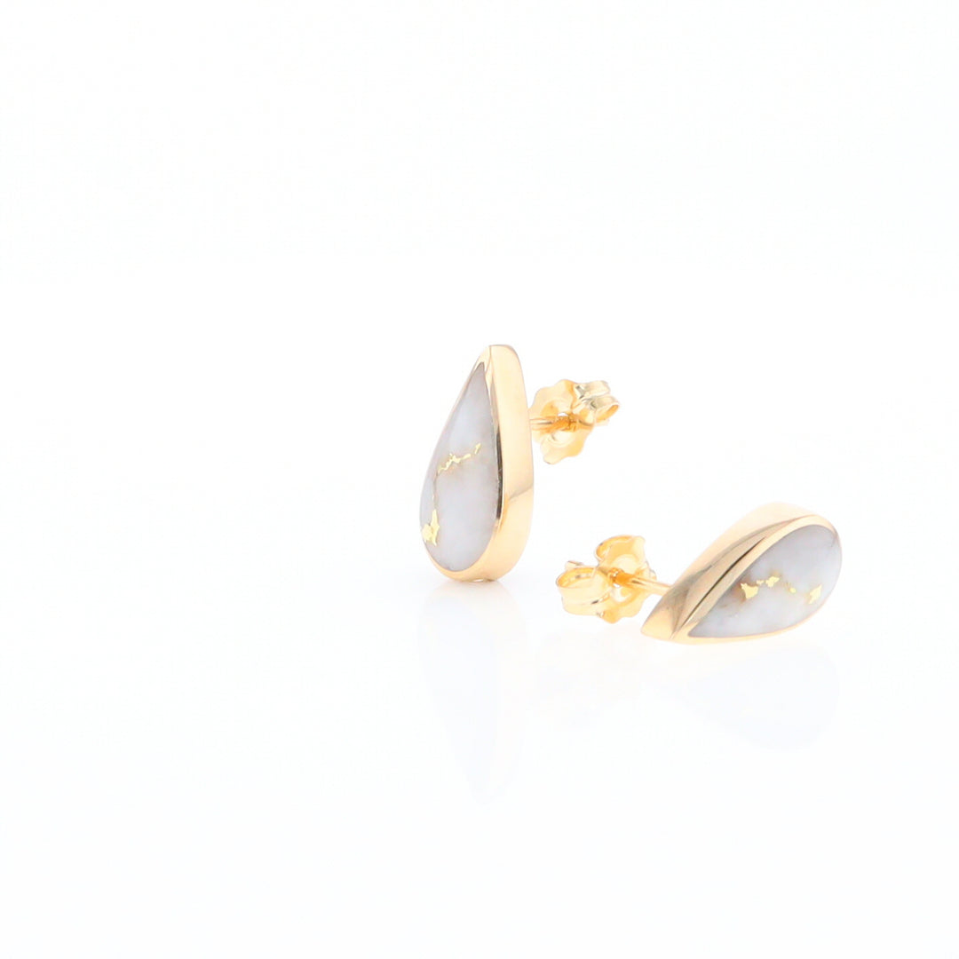 Gold Quartz Earrings Tear Drop Inlaid Studs