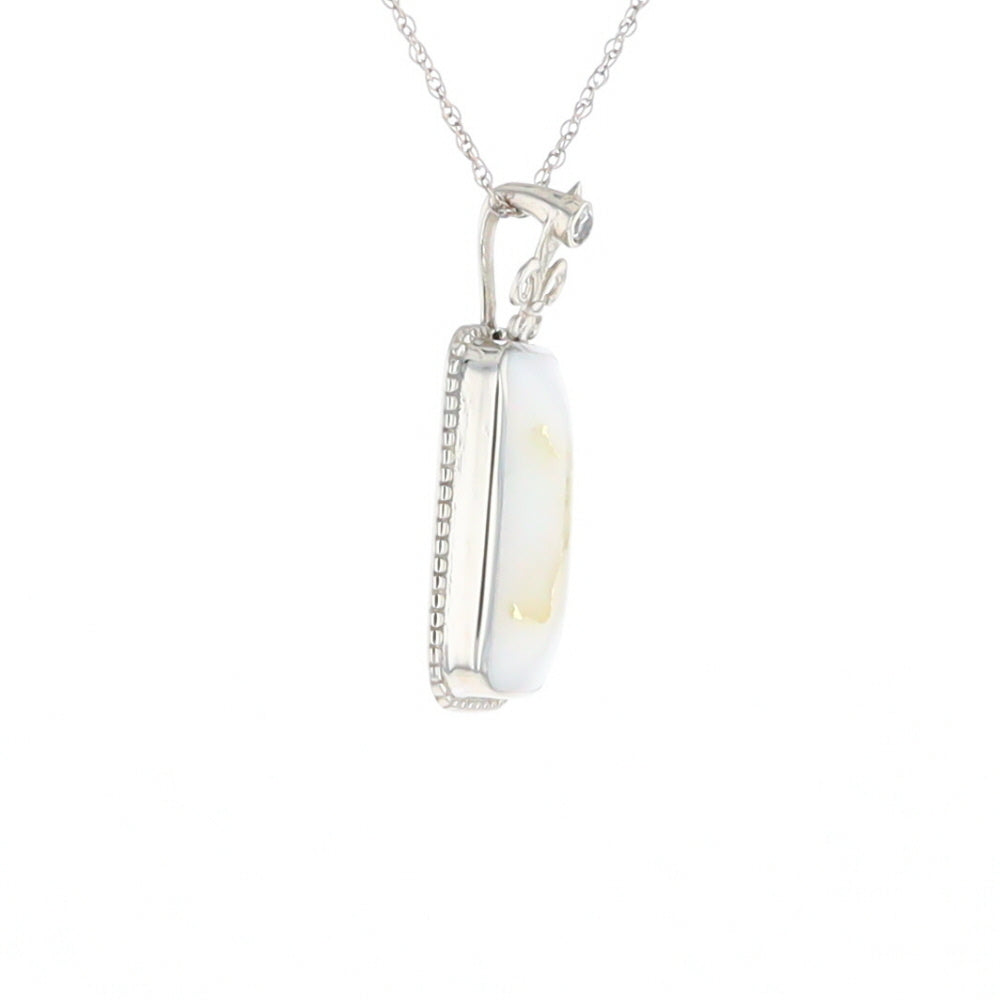 Gold Quartz Necklace, Rectangle Inlaid Fleur De Lis Design with .02ctw Diamond Pendant