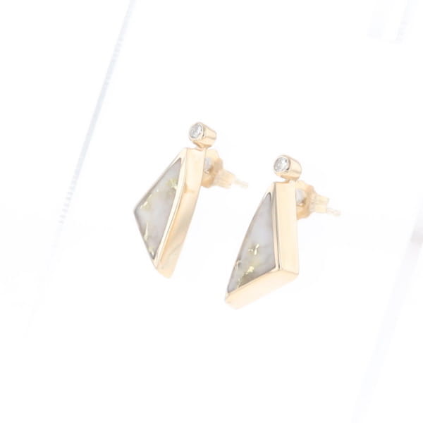 Gold Quartz Earrings Triangle Shape Inlaid with .04ct Round Diamonds - G2