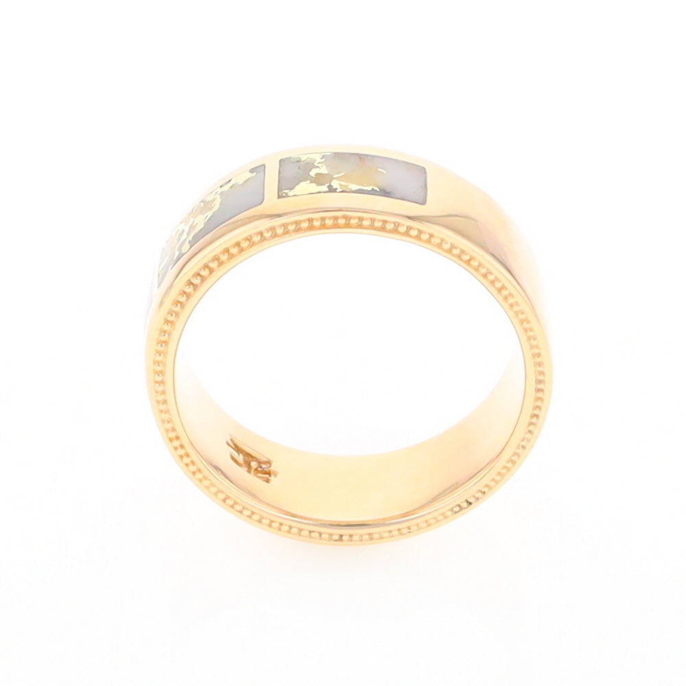 Gold Quartz Ring 3 Section Rectangle Inlaid Band with Milgrain Design