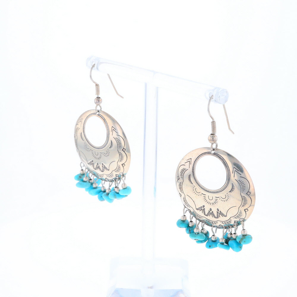 Stamped Silver Hook Earrings with Turquoise Dangles