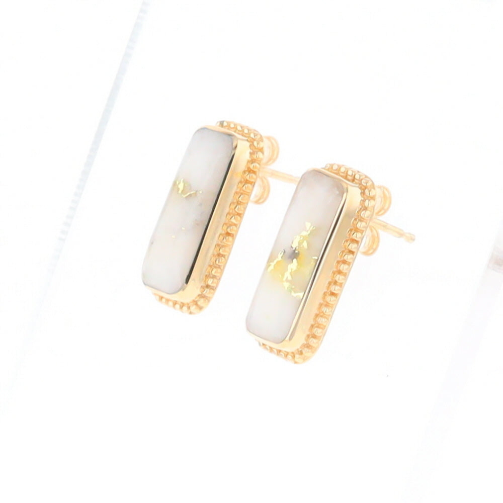 Gold Quartz Earrings Rectangle Inlaid Milgrain Design - G2