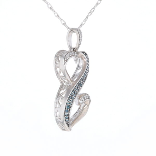 Blue and White Diamond Double Open Heart Pendant with 16" Singapore Chain