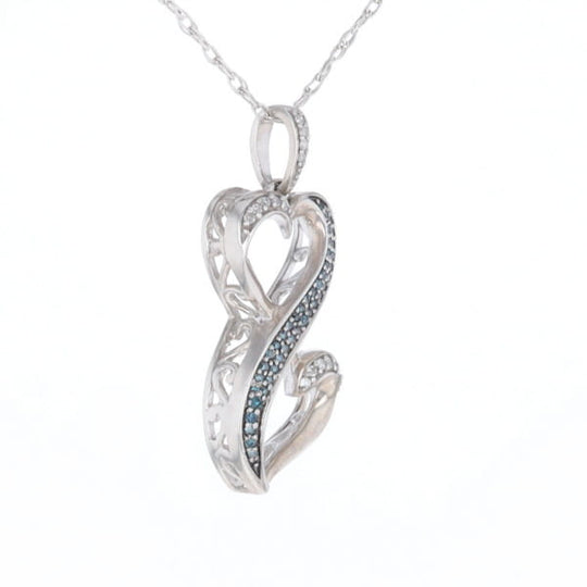 Blue and White Diamond Double Open Heart Pendant with 16" Singapore Chain