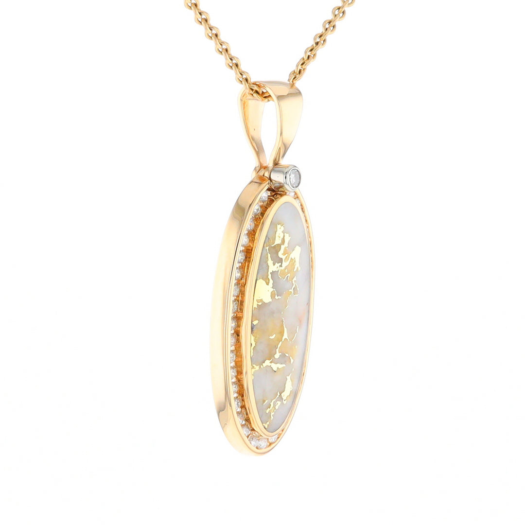 Gold Quartz Necklace .54ctw Halo Diamond Oval Inlaid Pendant