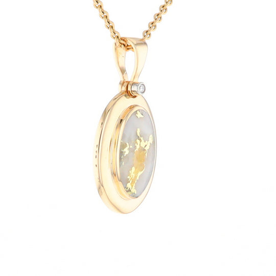 Gold Quartz Necklace Oval Inlaid Pendant with a .02ct Diamond