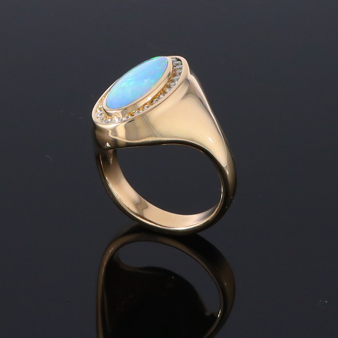 Opal Rings Oval Inlaid Design with .36ctw Round Diamonds Halo