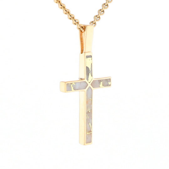 Gold Quartz Necklace 4 Section Inlaid Design Cross Pendant