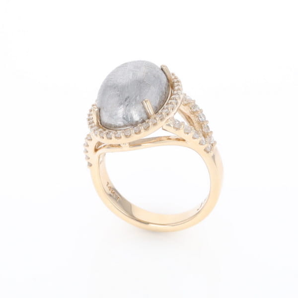 Meteorite Ring Oval Cabochon 0.65ctw Round Diamonds Halo