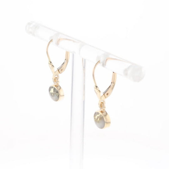 Gold Quartz Earrings Round Inlaid Design Lever Backs