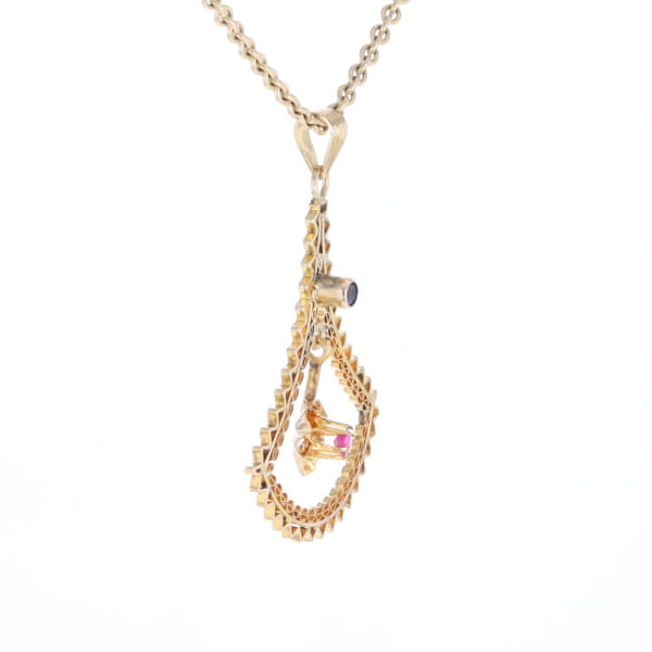 Vintage Buttercup Dangle Ruby Scrollwork Pendant