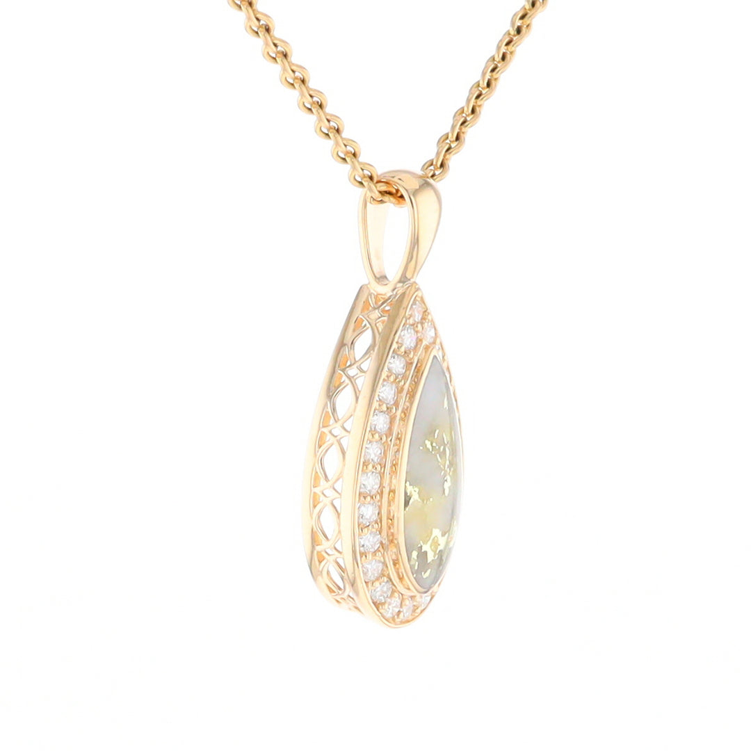 Gold Quartz Pendant Tear Drop Inlaid .42ctw Diamond Halo Design