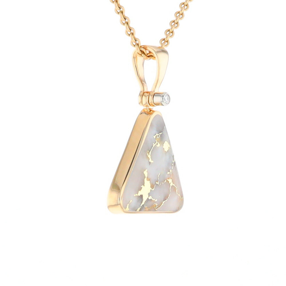 Gold Quartz Necklace Triangle Inlaid Pendant with .02ct Diamond