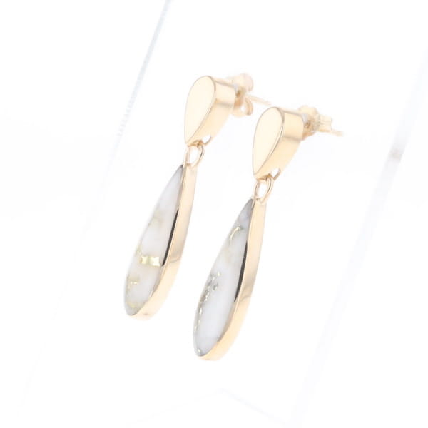 Gold Quartz Earrings Tear Drop Inlaid Design