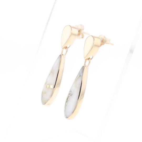 Gold Quartz Earrings Tear Drop Inlaid Design