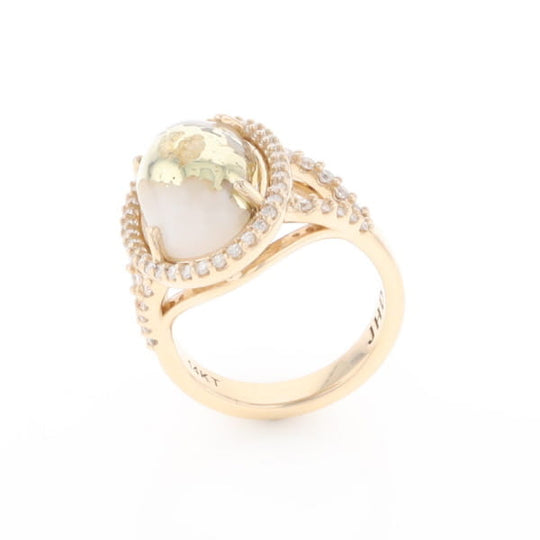 Gold Quartz Ring Oval Cabochon 0.65ctw Round Diamonds Halo