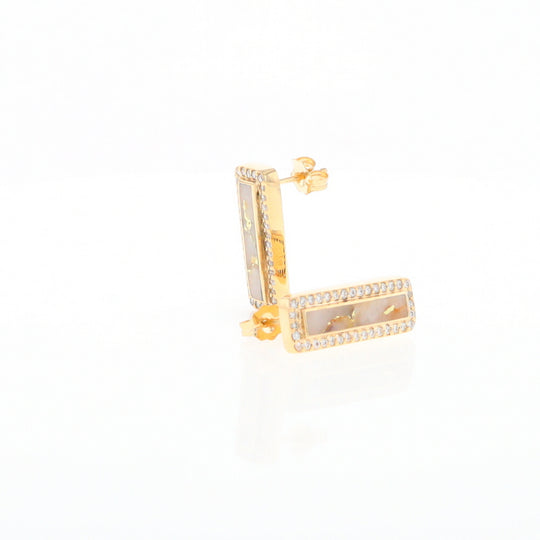 Gold Quartz Earrings Rectangle Inlaid with .50ctw Round Diamonds Halo Design - G2