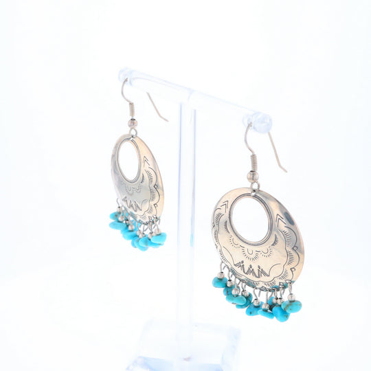 Stamped Silver Hook Earrings with Turquoise Dangles