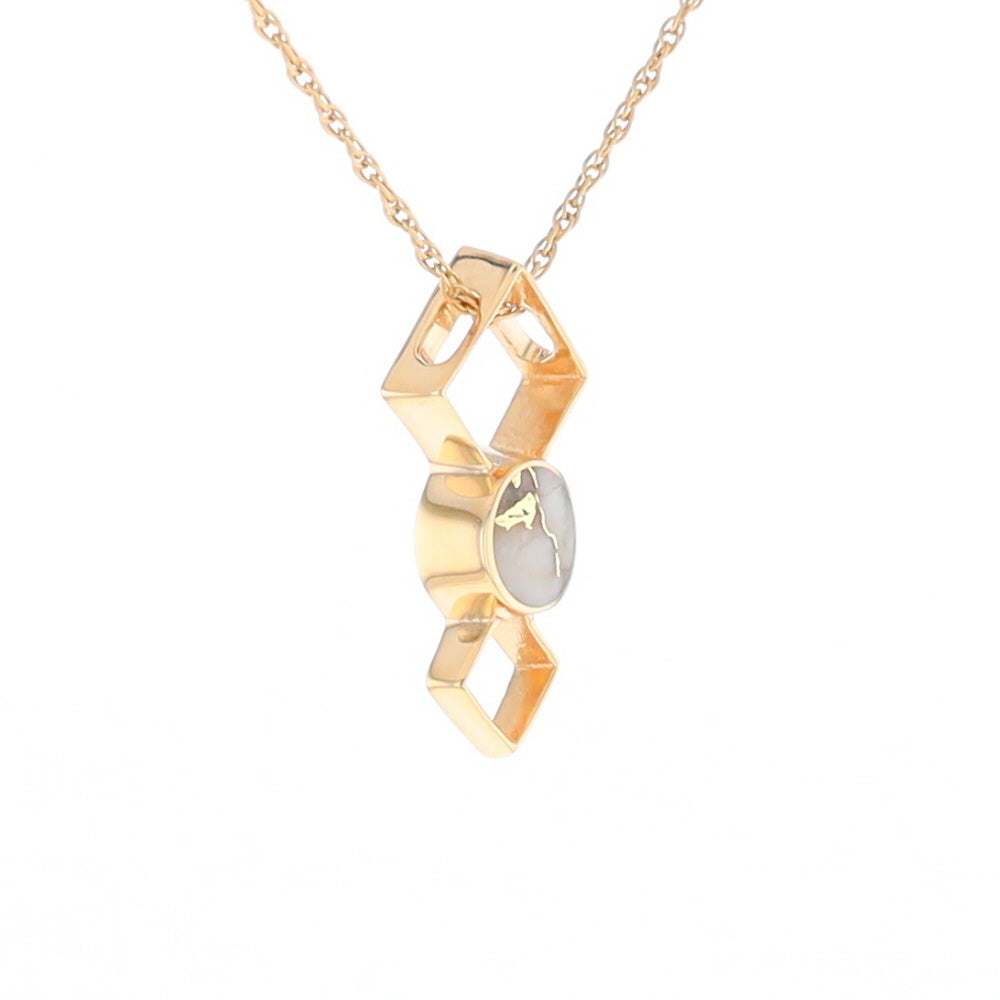 Gold Quartz Round Inlay Double Diamond Design Pendant