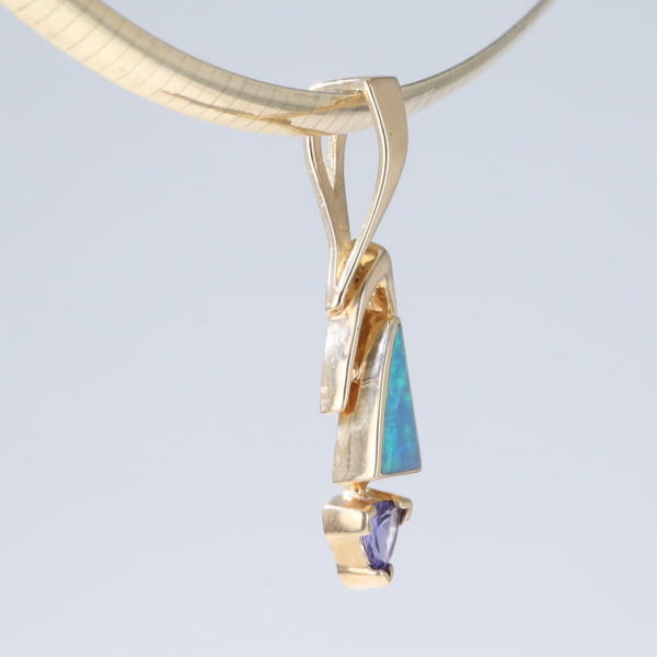 Opal Pendant Triangle Inlaid Design with Trillion Cut Tanzanite