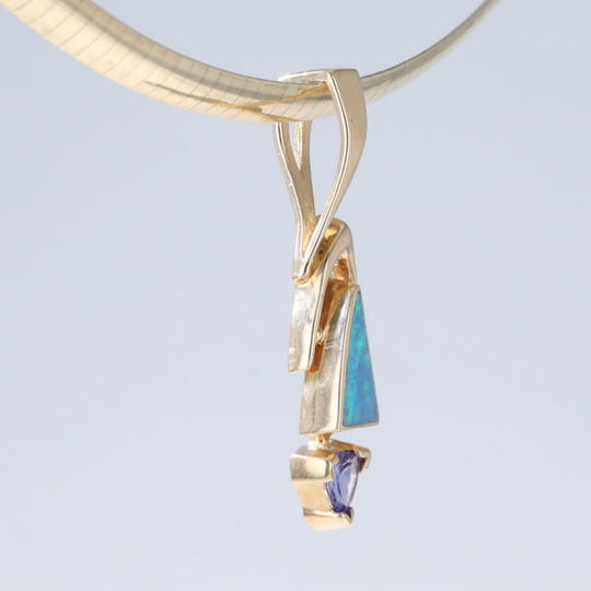 Opal Pendant Triangle Inlaid Design with Trillion Cut Tanzanite