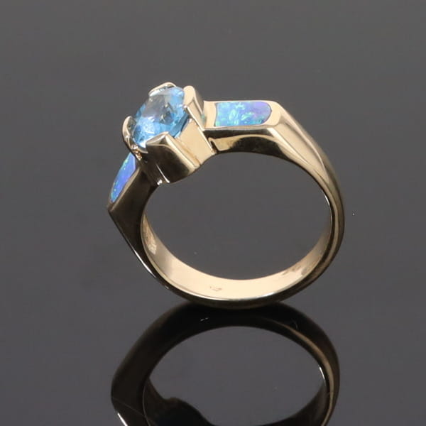 Opal Rings 2 Section Inlaid Design with Oval Swiss Blue Topaz Center