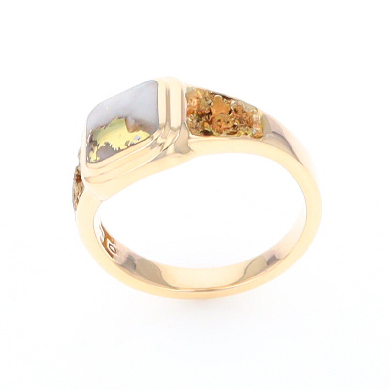 Gold Quartz Ring Square Inlaid Design Double Natural Nugget Sides