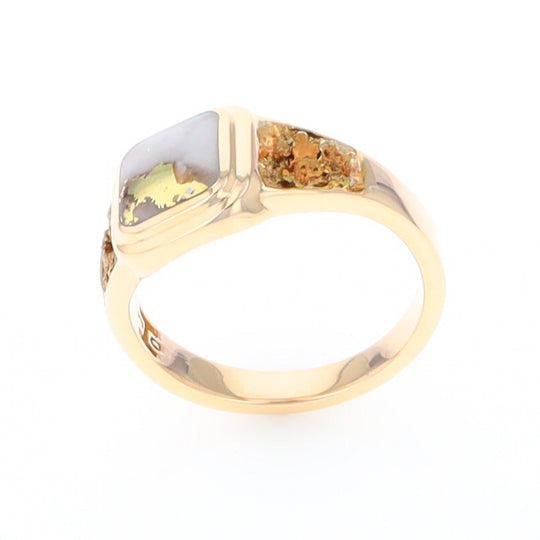 Gold Quartz Ring Square Inlaid Design Double Natural Nugget Sides