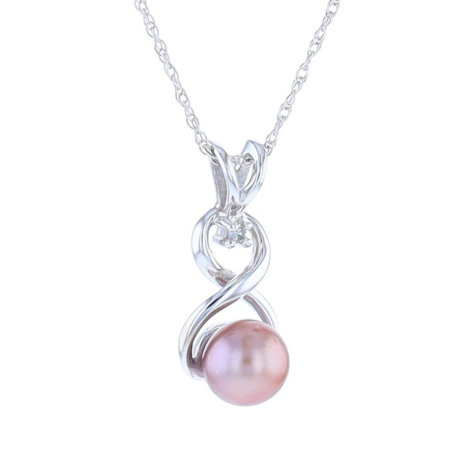 Pink Pearl Twist Pendant 14K White Gold with Diamond and 18" Chain