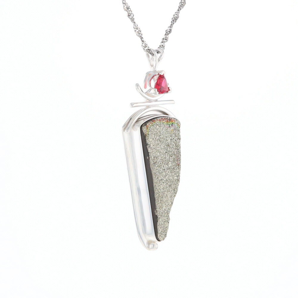 Druzy Quartz & Pink Trillion Tourmaline Pendant