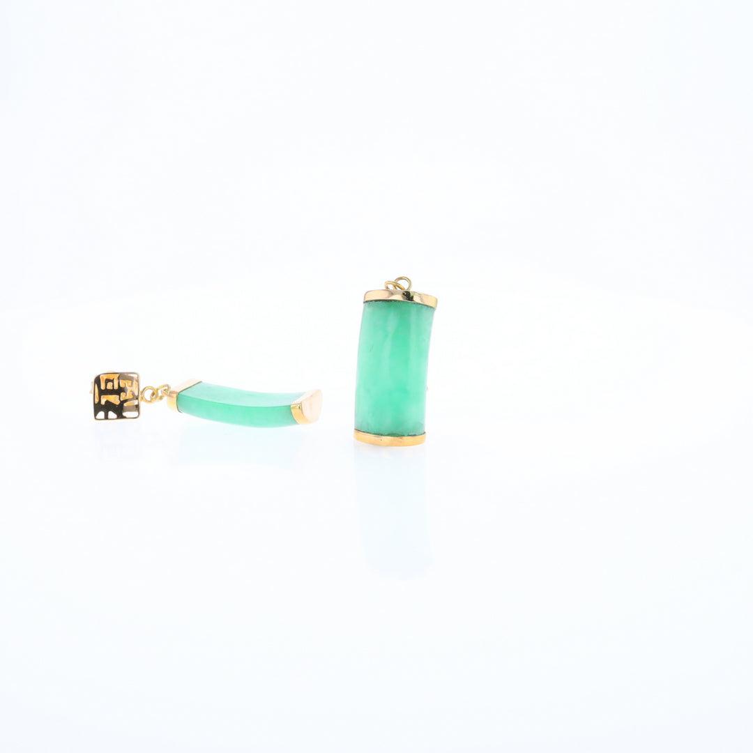 Jade tube Set Drop Earrings with Gold Asian Script