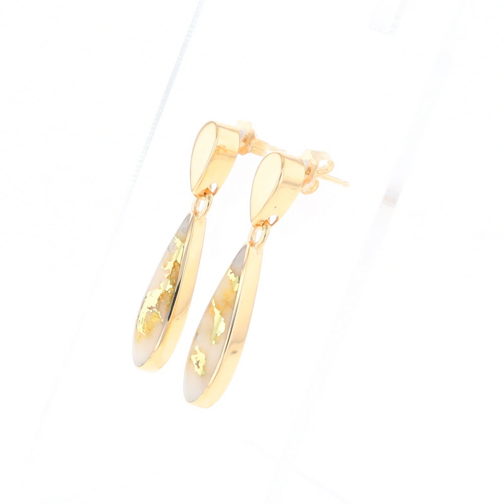 Gold Quartz Earrings Tear Drop Inlaid Design