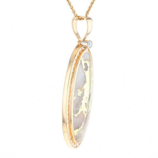 Gold Quartz Necklace 0.96ctw Halo Diamond Oval Inlaid Pendant