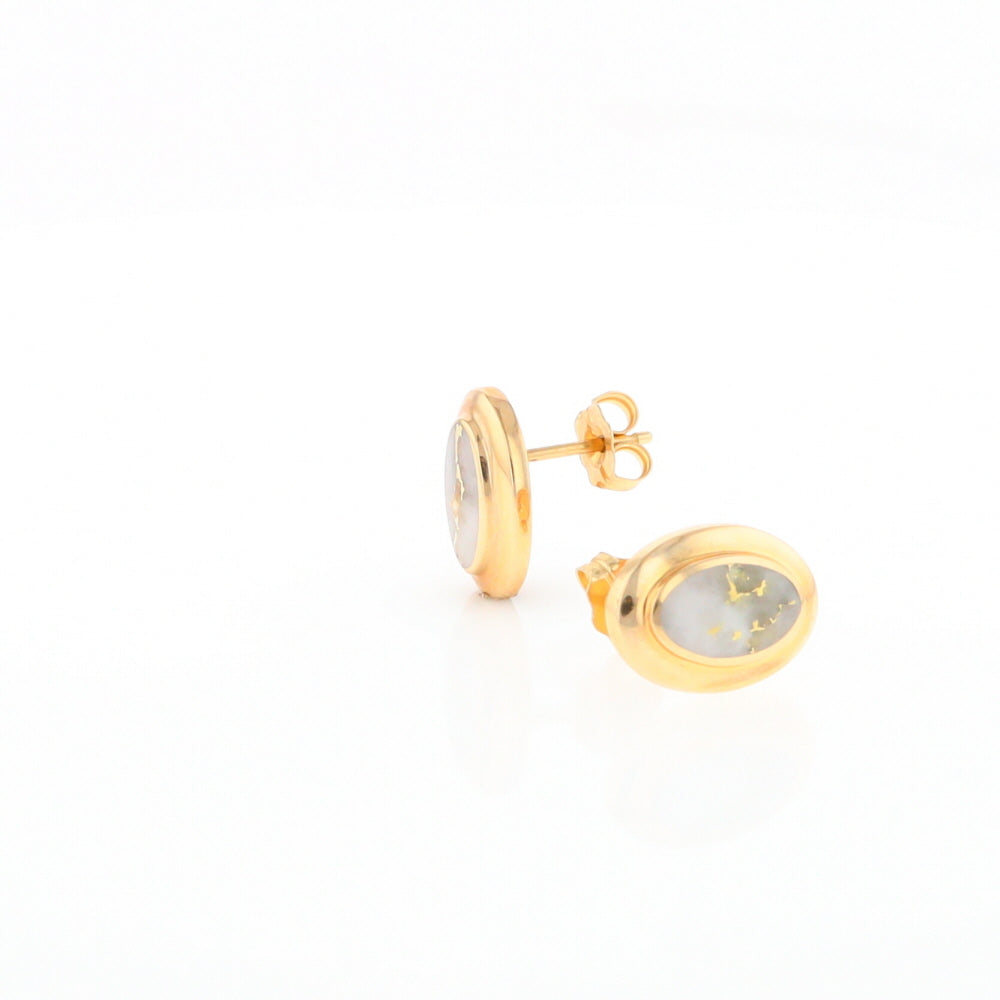 Gold Quartz Earrings Oval Inlaid Design Studs G2