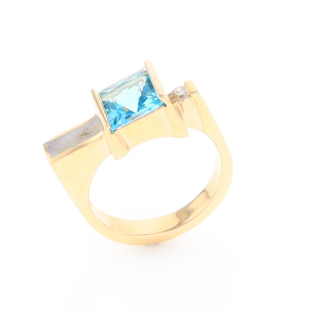 Gold Quartz Ring Rectangle Inlay Swiss Blue Topaz .06ct Round Diamond