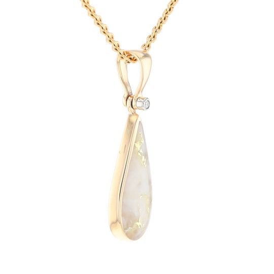 Gold Quartz Necklace Tear Drop Inlaid Pendant with .02ct Diamond