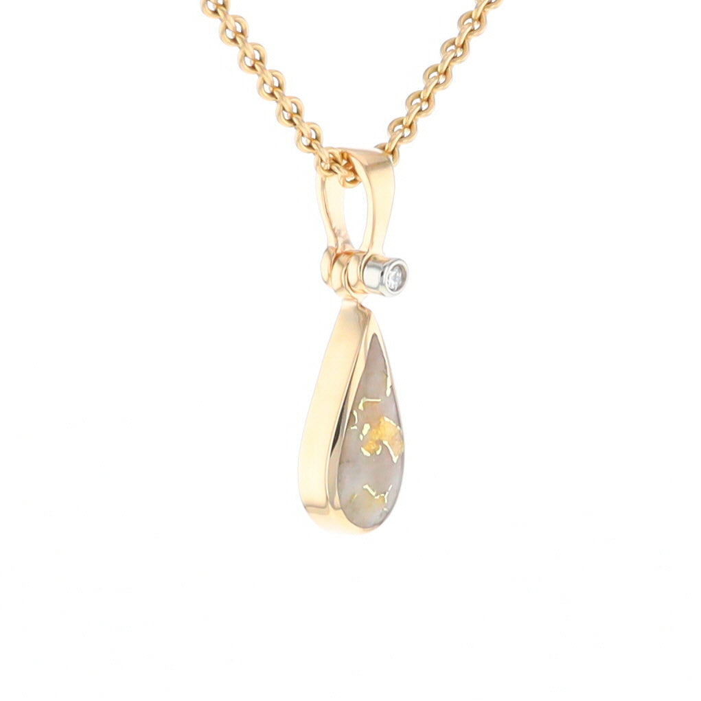 Gold Quartz Pendant Tear Drop Inlaid Design with .02ct Diamond